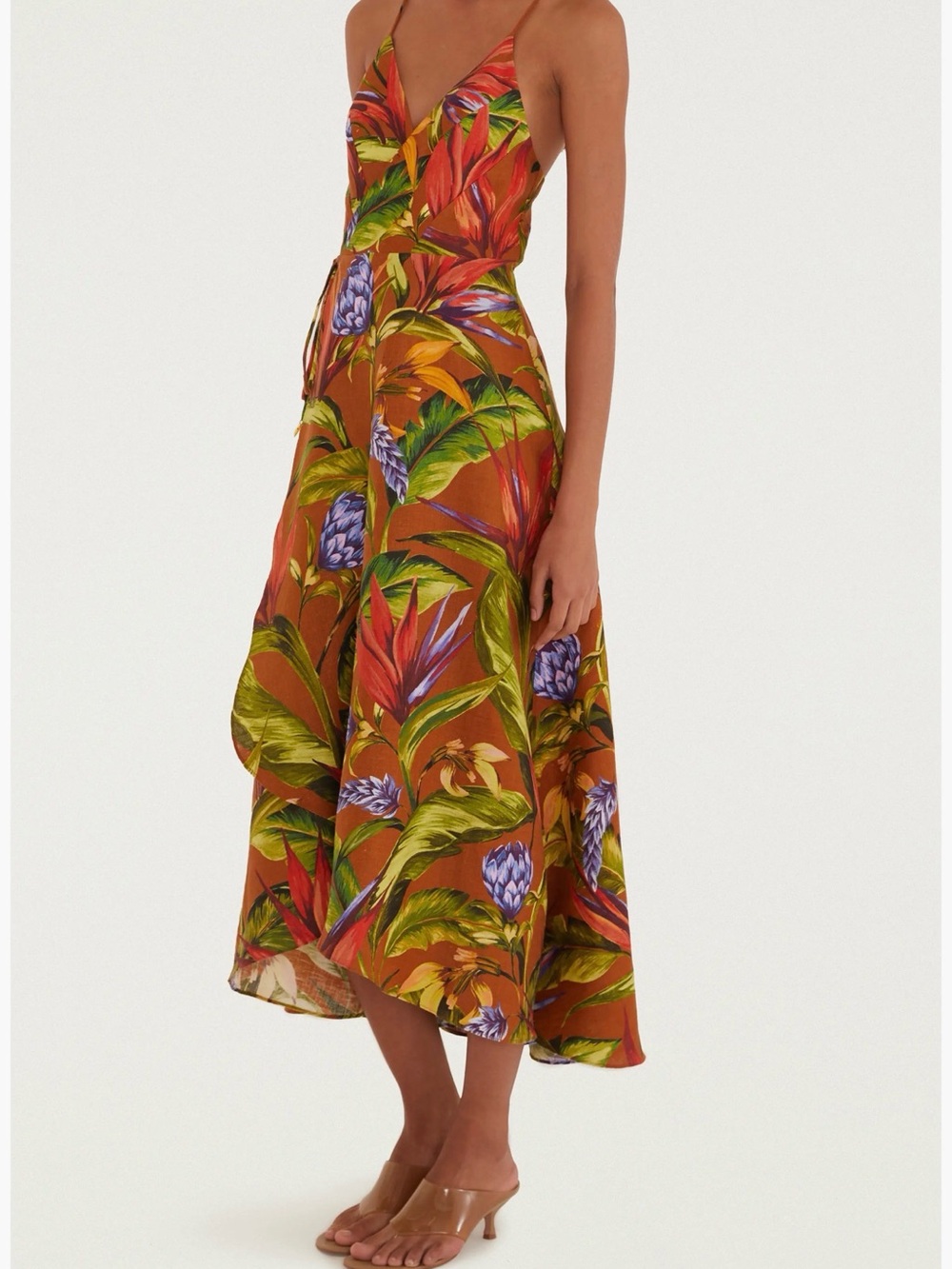 FARM Rio Rust Floral Wrap Midi Dress with Multi Color accents - Picture 2 of 6